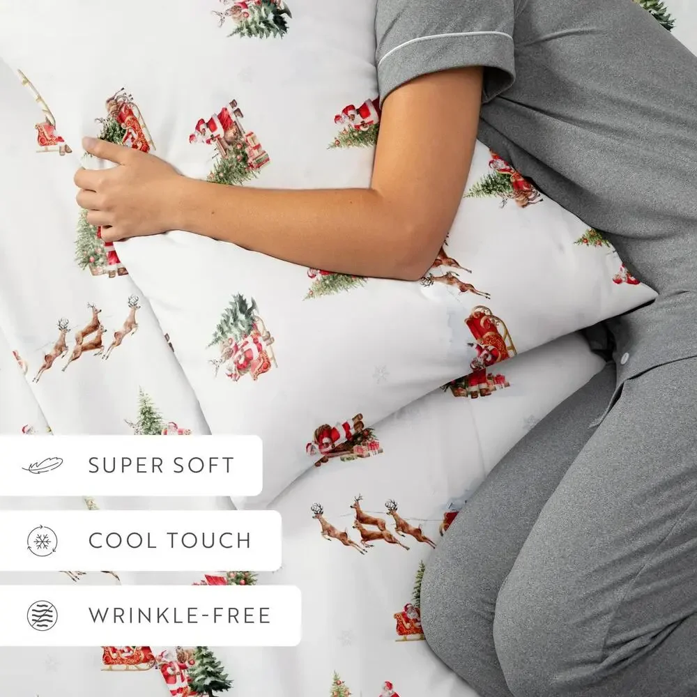 Nostalgic Santa FULL Sheet Set 4-Piece Festive Christmas Holiday Bedding New